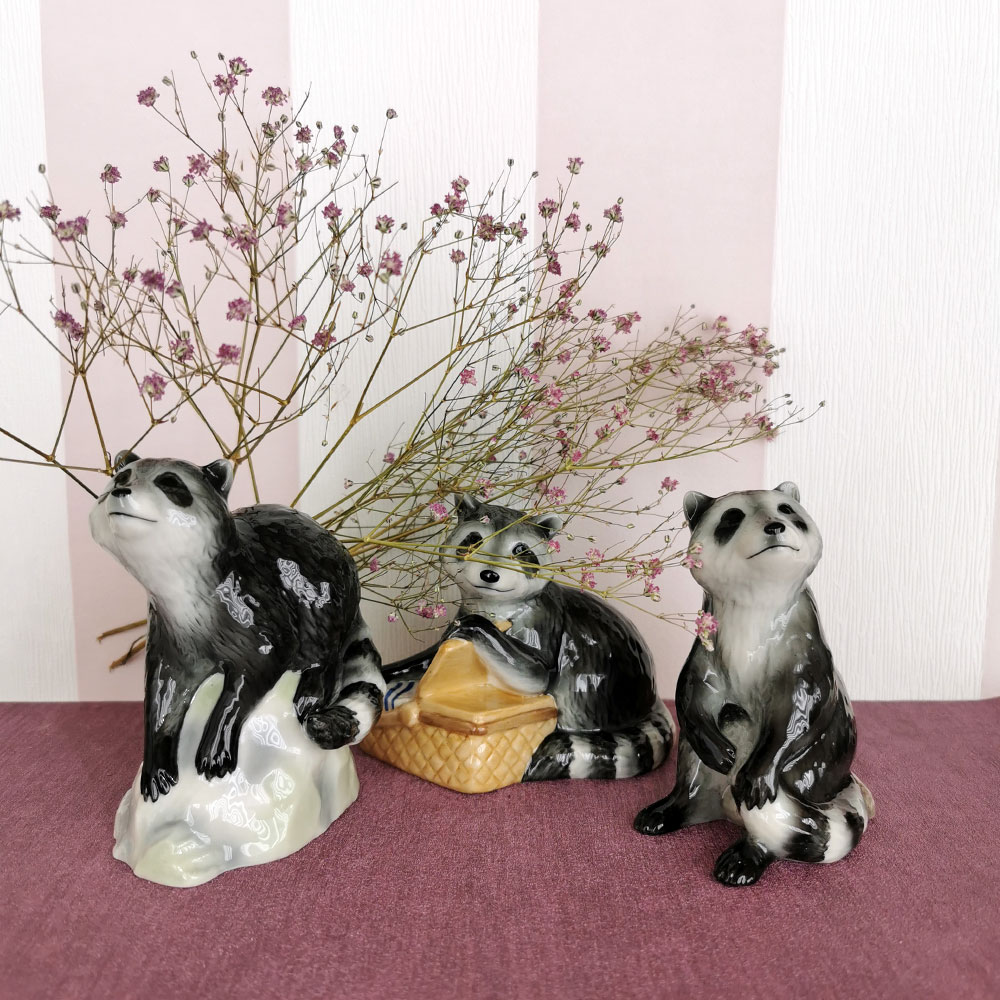 Three small raccoon figurines, Royal Copenhagen